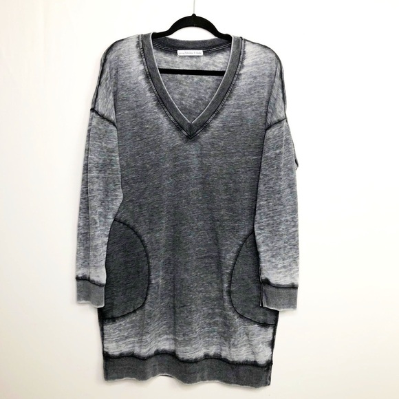 YOUNG fabulous and broke gray heathered distressed oversize V-neck tunic top - Picture 1 of 9